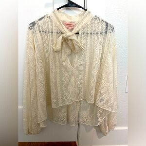 NWOT American Eagle Cream Asymmetrical Tie Front Blouse with Bib Collar